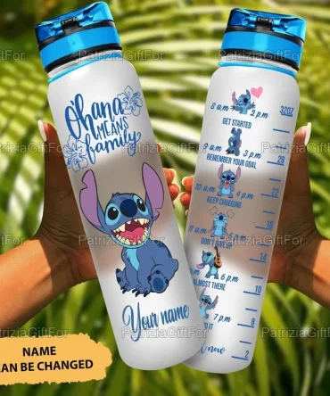 Personalized Stitch Water Bottle - Ohana Means Family Motivational Tracker - Custom Name Gift