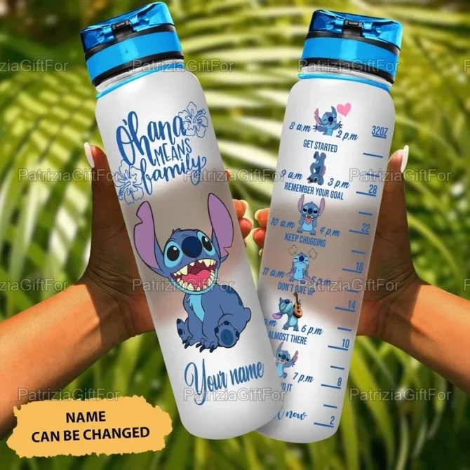 Personalized Stitch Water Bottle - Ohana Means Family Motivational Tracker - Custom Name Gift