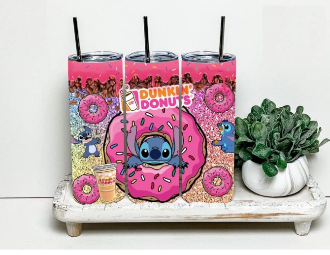 Dunkin' Donut - Funny Stitch Skinny Tumbler - 20Oz Stainless Steel, Double-Wall Insulated, Cute Blue Character, Straw Included