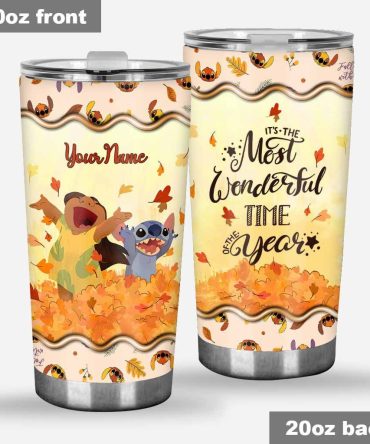 20Oz Personalized Fall Tumbler With Cute Characters - Most Wonderful Time Of The Year - Insulated Travel Mug