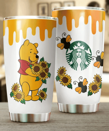 Pooh With Sunflower Starbucks Tumbler Cup 20Oz - Insulated Stainless Steel Travel Mug For Kids & Adults