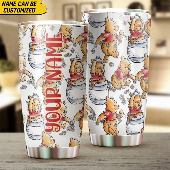 Customizable Winnie Bear Tumbler - Personalized Name Insulated Cup - Cute Cartoon Design Travel Mug For Kids & Adults