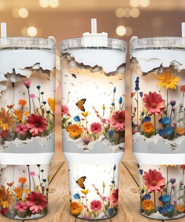 3D Autumn Wildflower Custom Stanley Quencher 40Oz Stainless Steel Tumbler With Handle