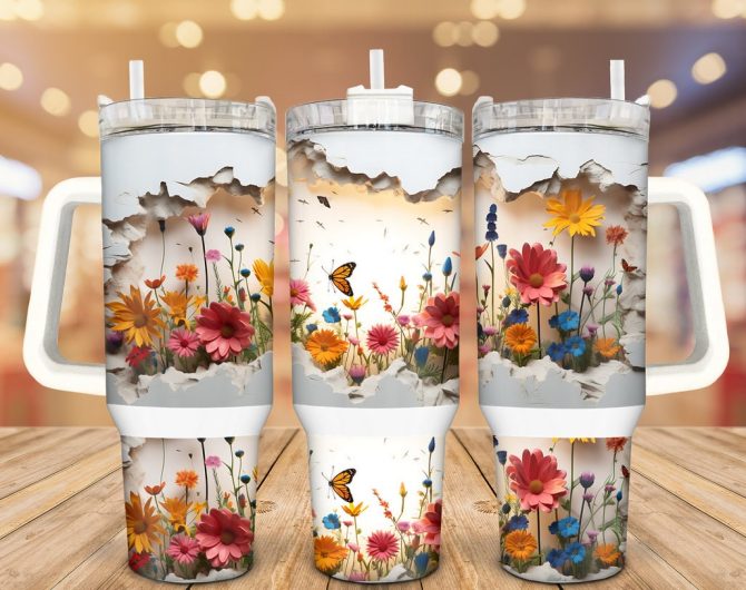 3D Autumn Wildflower Custom Stanley Quencher 40Oz Stainless Steel Tumbler With Handle
