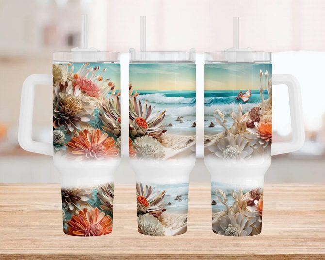 3D Beach Landscape Custom Stanley Quencher 40Oz Stainless Steel Tumbler With Handle