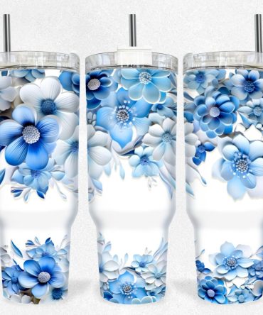 3D Blue Floral Custom Stanley Quencher 40Oz Stainless Steel Tumbler With Handle