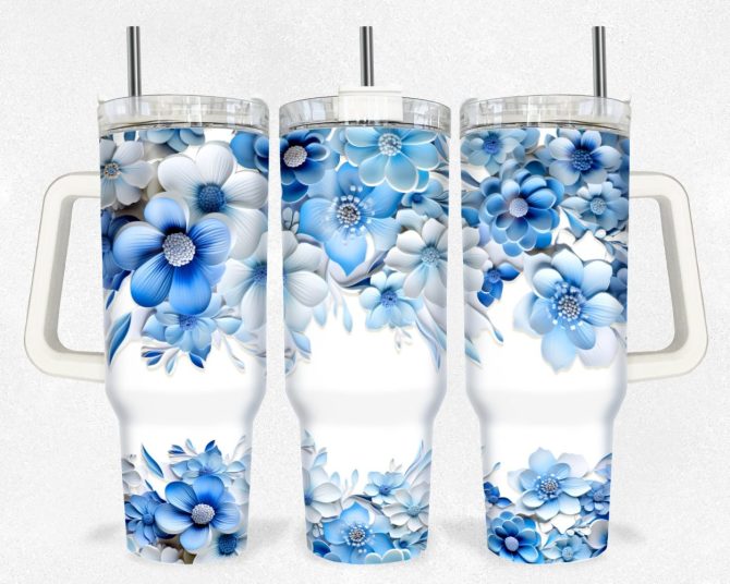3D Blue Floral Custom Stanley Quencher 40Oz Stainless Steel Tumbler With Handle