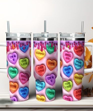 3D Colorful Puffy Hearts Custom Stanley Quencher 40Oz Stainless Steel Tumbler With Handle