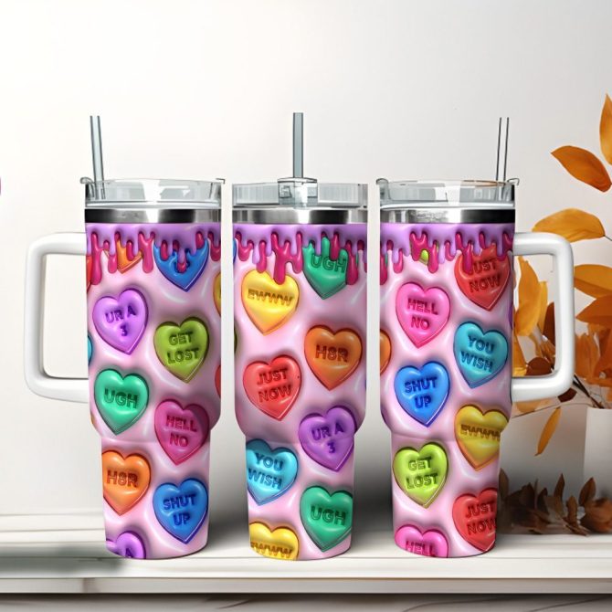 3D Colorful Puffy Hearts Custom Stanley Quencher 40Oz Stainless Steel Tumbler With Handle