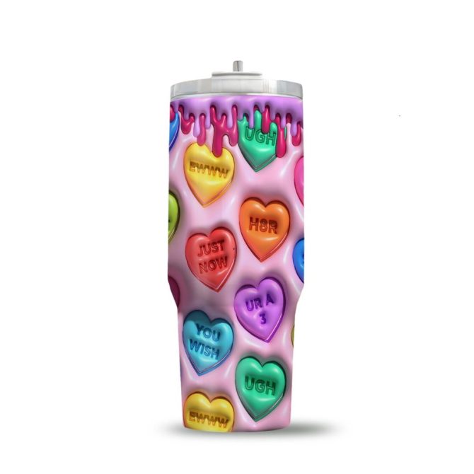 3D Colorful Puffy Hearts Custom Stanley Quencher 40Oz Stainless Steel Tumbler With Handle - Image 5