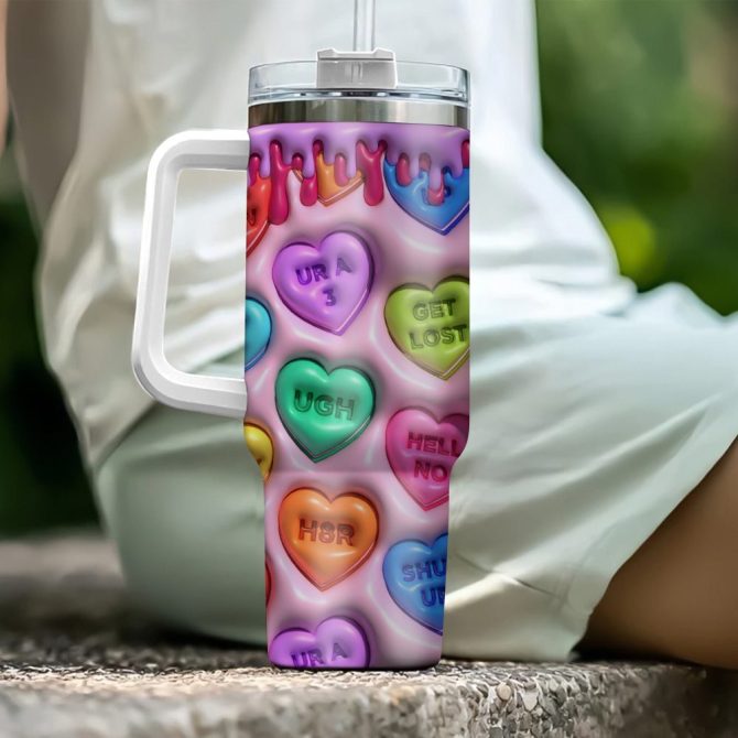 3D Colorful Puffy Hearts Custom Stanley Quencher 40Oz Stainless Steel Tumbler With Handle - Image 4