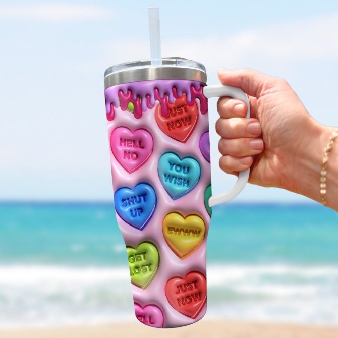 3D Colorful Puffy Hearts Custom Stanley Quencher 40Oz Stainless Steel Tumbler With Handle - Image 2
