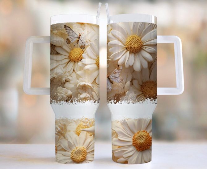 3D Daisy Flowers Custom Stanley Quencher 40Oz Stainless Steel Tumbler With Handle
