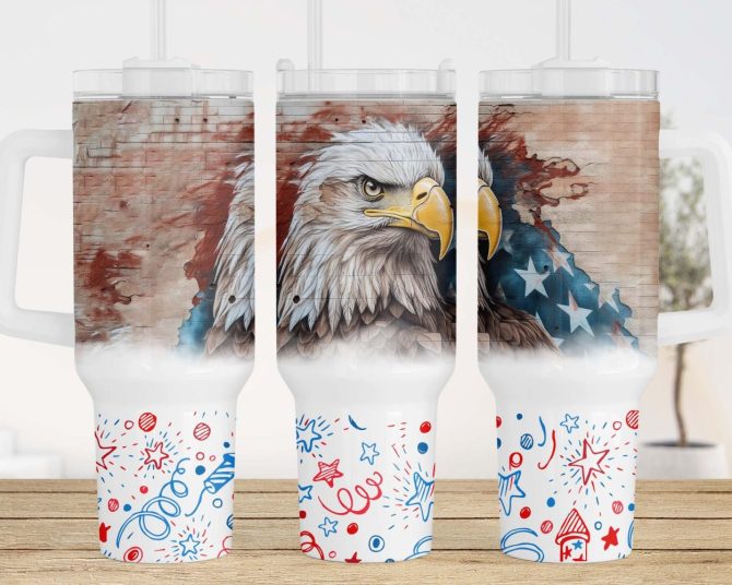 3D Eagle American Flag Custom Stanley Quencher 40Oz Stainless Steel Tumbler With Handle
