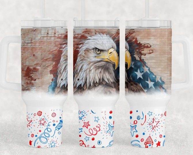 3D Eagle American Flag Custom Stanley Quencher 40Oz Stainless Steel Tumbler With Handle - Image 3