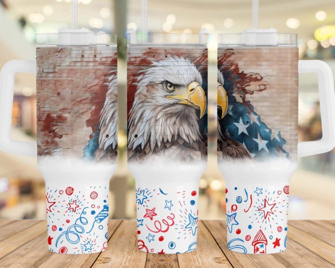3D Eagle American Flag Custom Stanley Quencher 40Oz Stainless Steel Tumbler With Handle - Image 2