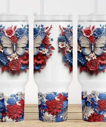 3D Floral Butterfly 4Th Of July American Flag Custom Stanley Quencher 40Oz Stainless Steel Tumbler With Handle