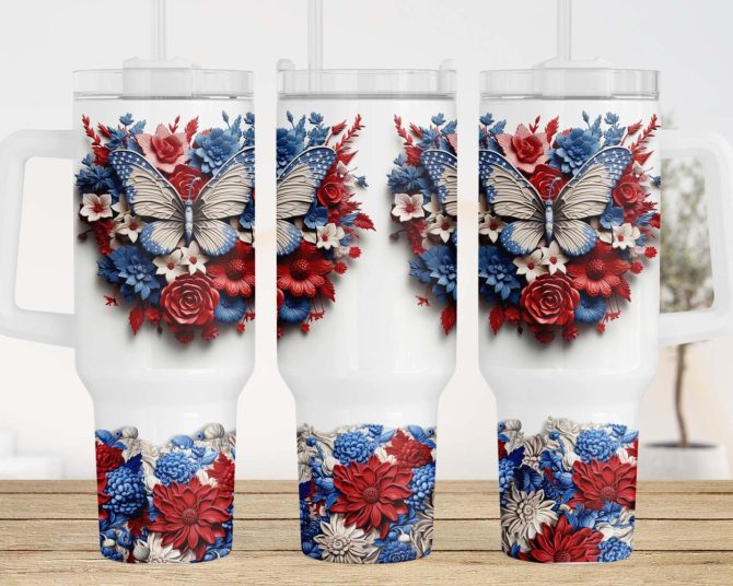 3D Floral Butterfly 4Th Of July American Flag Custom Stanley Quencher 40Oz Stainless Steel Tumbler With Handle