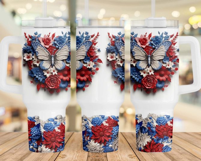 3D Floral Butterfly 4Th Of July American Flag Custom Stanley Quencher 40Oz Stainless Steel Tumbler With Handle - Image 2