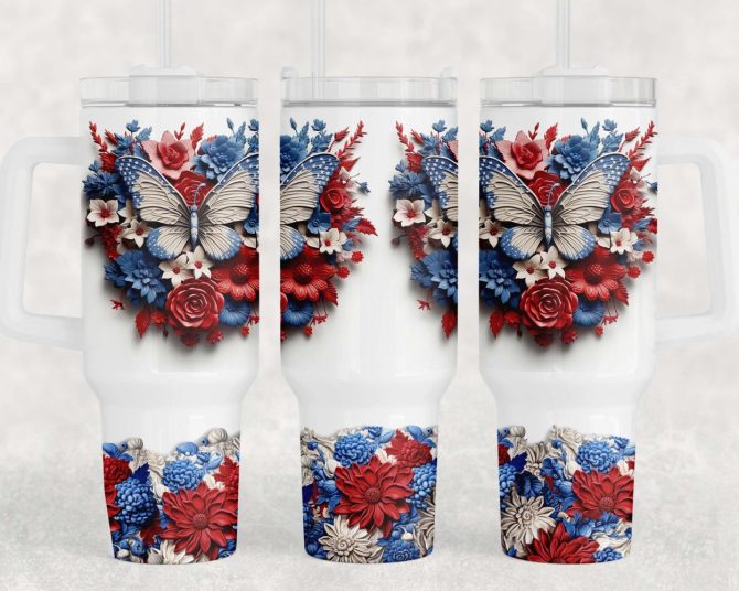 3D Floral Butterfly 4Th Of July American Flag Custom Stanley Quencher 40Oz Stainless Steel Tumbler With Handle - Image 3