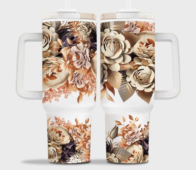 3D Floral Custom Stanley Quencher 40Oz Stainless Steel Tumbler With Handle - Image 5