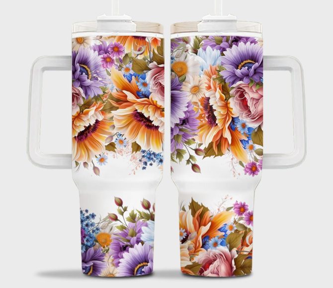 3D Floral Custom Stanley Quencher 40Oz Stainless Steel Tumbler With Handle - Image 4