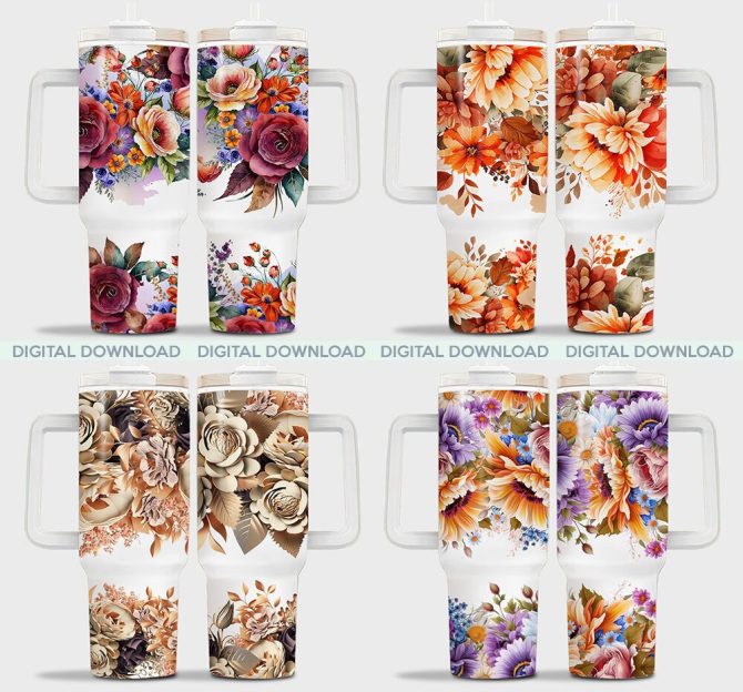 3D Floral Custom Stanley Quencher 40Oz Stainless Steel Tumbler With Handle