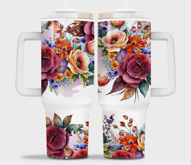 3D Floral Custom Stanley Quencher 40Oz Stainless Steel Tumbler With Handle - Image 2