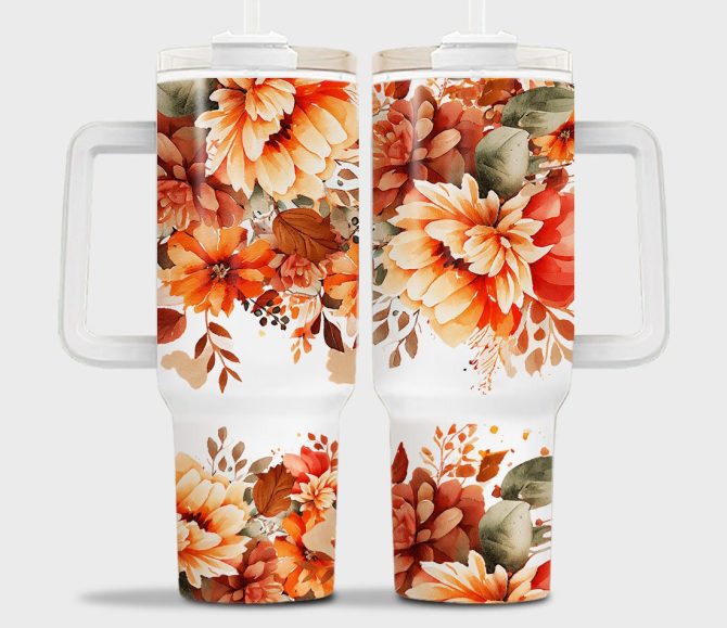 3D Floral Custom Stanley Quencher 40Oz Stainless Steel Tumbler With Handle - Image 3