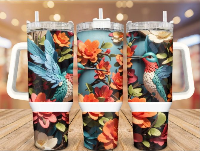 3D Floral Hummingbird Custom Stanley Quencher 40Oz Stainless Steel Tumbler With Handle