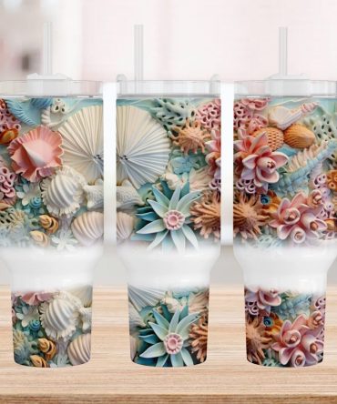 3D Floral Seashells Custom Stanley Quencher 40Oz Stainless Steel Tumbler With Handle