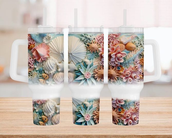 3D Floral Seashells Custom Stanley Quencher 40Oz Stainless Steel Tumbler With Handle