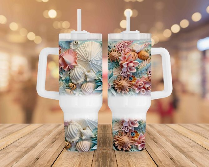 3D Floral Seashells Custom Stanley Quencher 40Oz Stainless Steel Tumbler With Handle - Image 2