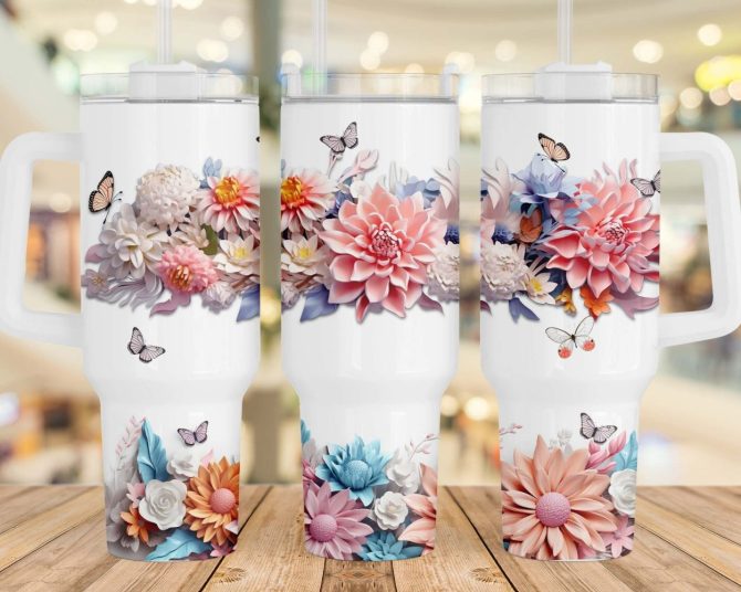 3D Flowers Butterflies Custom Stanley Quencher 40Oz Stainless Steel Tumbler With Handle - Image 2