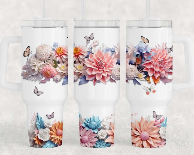 3D Flowers Butterflies Custom Stanley Quencher 40Oz Stainless Steel Tumbler With Handle - Image 3