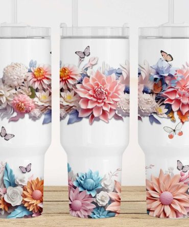 3D Flowers Butterflies Custom Stanley Quencher 40Oz Stainless Steel Tumbler With Handle