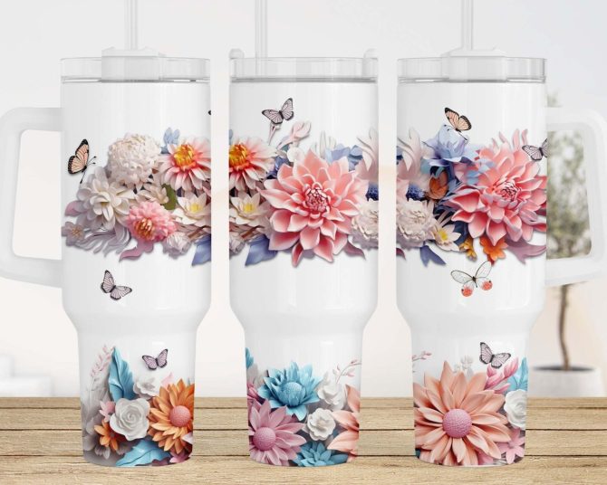 3D Flowers Butterflies Custom Stanley Quencher 40Oz Stainless Steel Tumbler With Handle