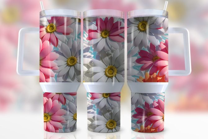 3D Flowers Custom Stanley Quencher 40Oz Stainless Steel Tumbler With Handle