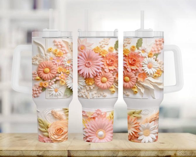 3D Flowers Custom Stanley Quencher 40Oz Stainless Steel Tumbler With Handle