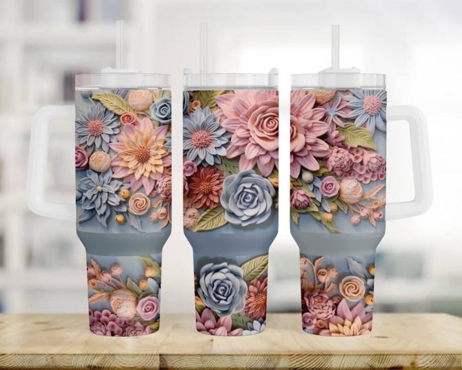 3D Flowers Custom Stanley Quencher 40Oz Stainless Steel Tumbler With Handle