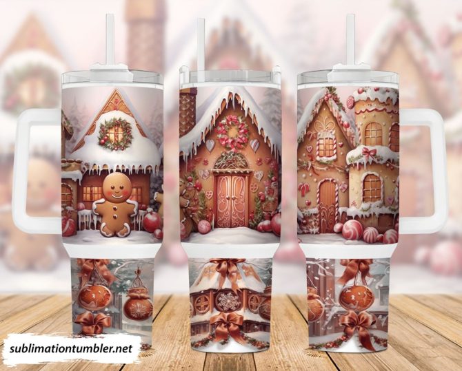 3D Gingerbread House Custom Stanley Quencher 40Oz Stainless Steel Tumbler With Handle