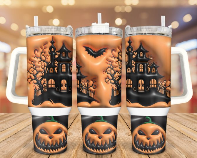3D Halloween Pumpkin Castle Custom Stanley Quencher 40Oz Stainless Steel Tumbler With Handle