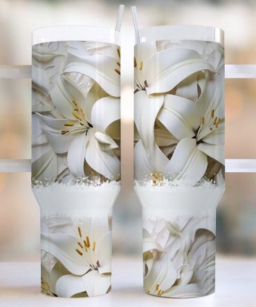 3D Lilies Flowers Custom Stanley Quencher 40Oz Stainless Steel Tumbler With Handle