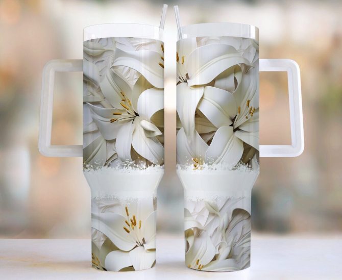 3D Lilies Flowers Custom Stanley Quencher 40Oz Stainless Steel Tumbler With Handle