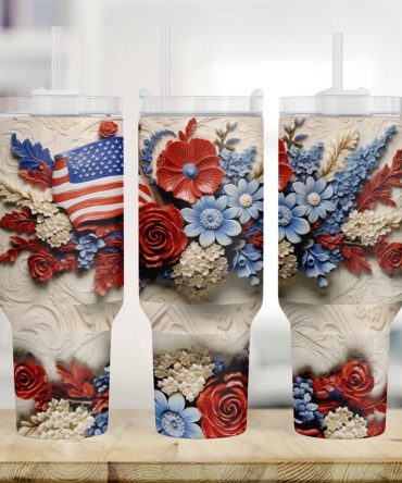 3D Patriotic American Flag Flowers Custom Stanley Quencher 40Oz Stainless Steel Tumbler With Handle