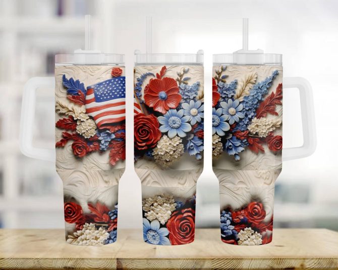 3D Patriotic American Flag Flowers Custom Stanley Quencher 40Oz Stainless Steel Tumbler With Handle