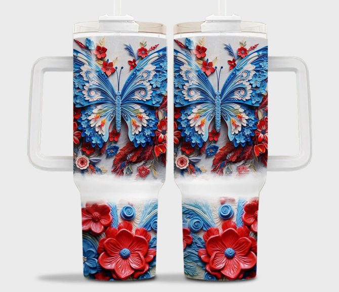 3D Patriotic Floral Butterfly Custom Stanley Quencher 40Oz Stainless Steel Tumbler With Handle - Image 2