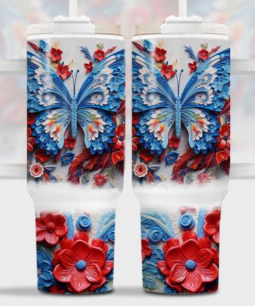 3D Patriotic Floral Butterfly Custom Stanley Quencher 40Oz Stainless Steel Tumbler With Handle