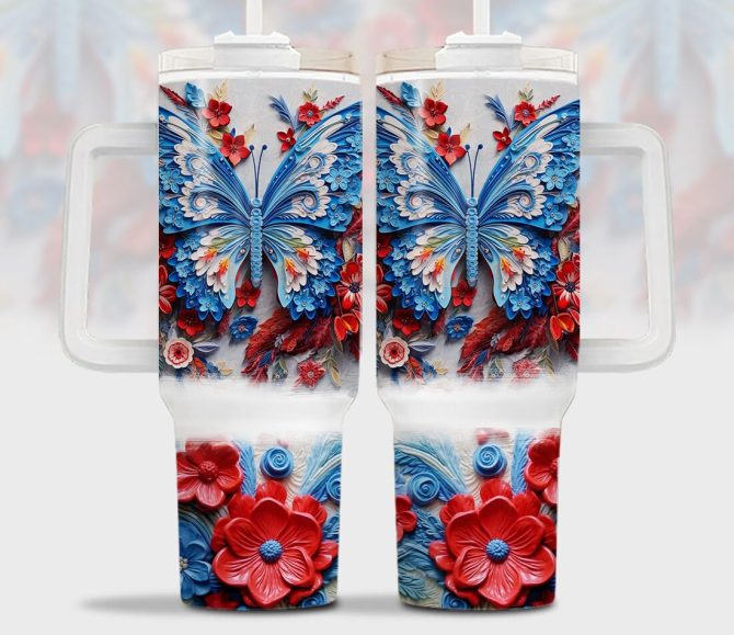3D Patriotic Floral Butterfly Custom Stanley Quencher 40Oz Stainless Steel Tumbler With Handle