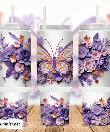 3D Purple Butterfly And Flowers Custom Stanley Quencher 40Oz Stainless Steel Tumbler With Handle